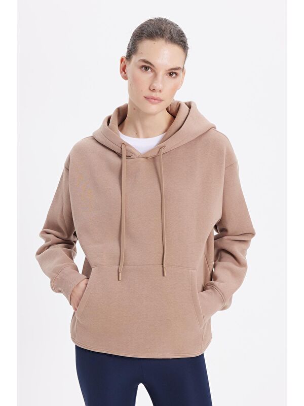 TUDORS Kadın Oversize Geniş Kesim Pamuklu Yumuşak Dokulu İçi Polarlı Basic Vizon Kapüşonlu Sweatshirt