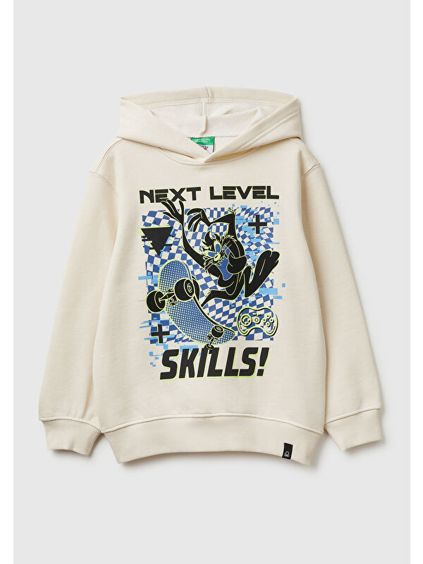 United Colors Of Benetton Erkek Çocuk Krem Tazmanya Baskılı Ribanalı Kapüşonlu Oversize Sweatshirt