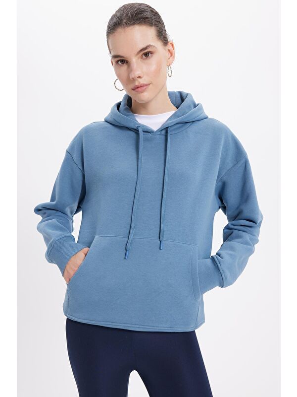 TUDORS Kadın Oversize Geniş Kesim Pamuklu Yumuşak Dokulu İçi Polarlı Basic İndigo Kapüşonlu Sweatshirt