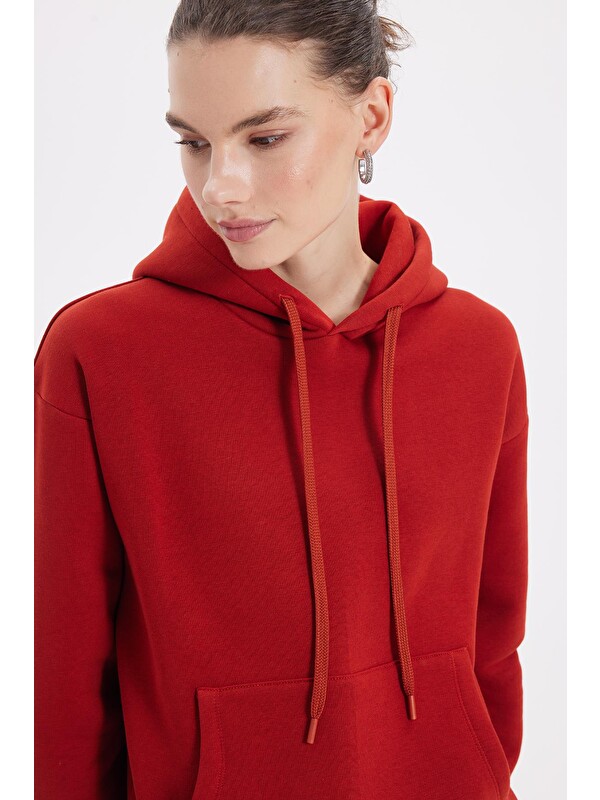 TUDORS Kadın Oversize Geniş Kesim Pamuklu Yumuşak Dokulu İçi Polarlı Basic Kiremit Kapüşonlu Sweatshirt