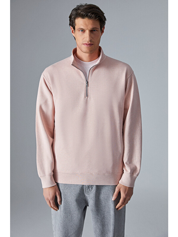 GRIMELANGE NESTOR Erkek Relaxed Fit Dik Yakalı Yarım Fermuarlı Uzun Kollu PEMBE Sweatshirt