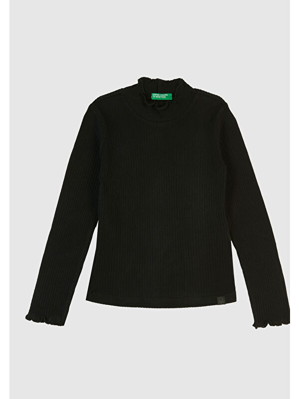 United Colors Of Benetton Kız Çocuk Siyah Logo Etiketli Fırfır Detaylı Bebe Yaka Uzun Kollu T-Shirt