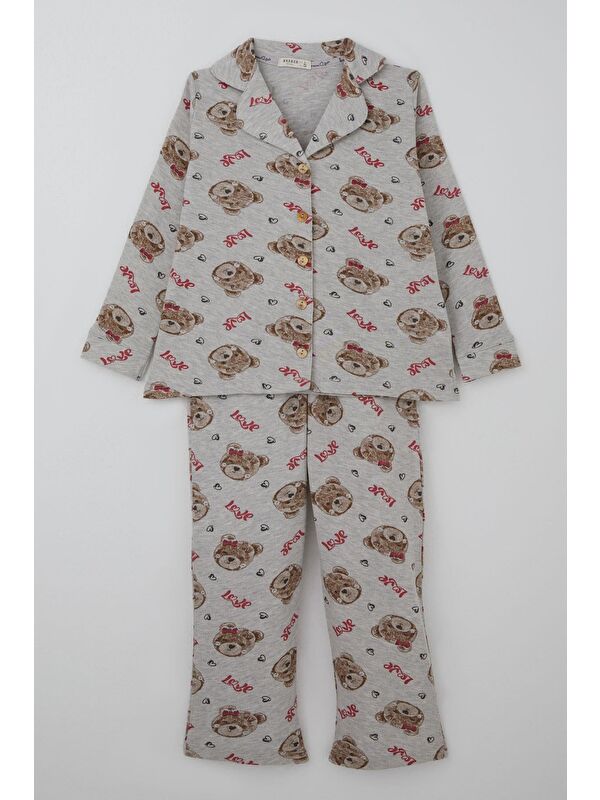 Breeze Kız Çocuk Pijama Takımı Sevimli Fiyonklu Ayıcık Desenli Açık Gri Melanj (7-11 Yaş)