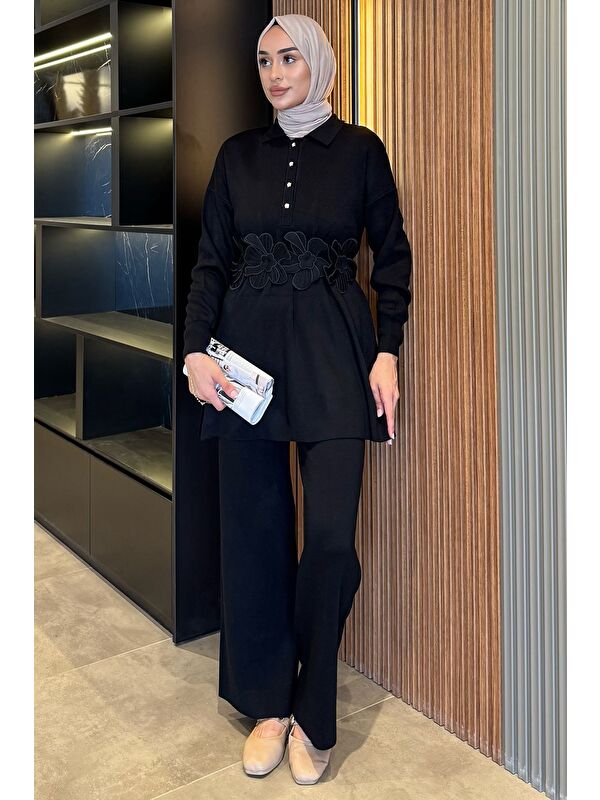 Julude Papatya Aplikeli Tunik Pantolon Triko Tesettür İkili Takım (s,m,l,xl Uyumludur)