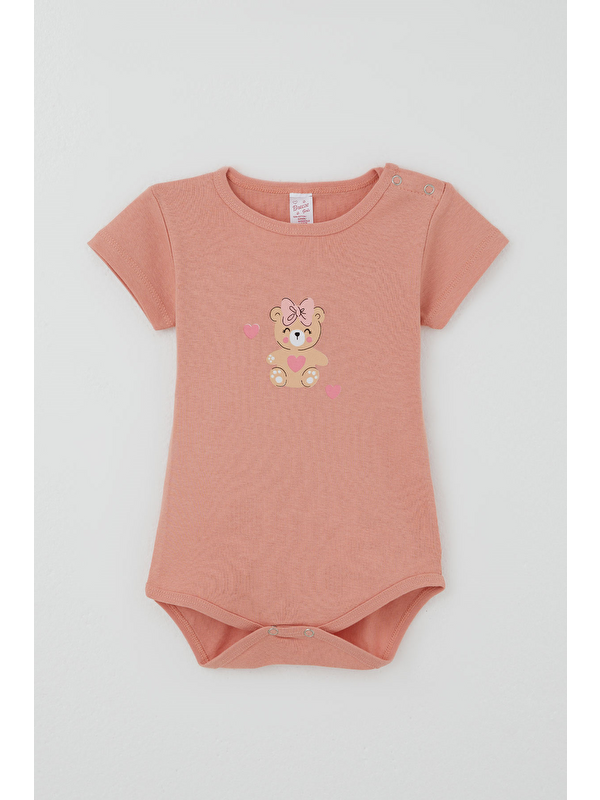 Breeze Kız Çocuk Çıtçıtlı Kısa Kollu Zıbın Body Sevimli Bebek Ayıcık Baskılı Gülkurusu (1-3 Yaş)