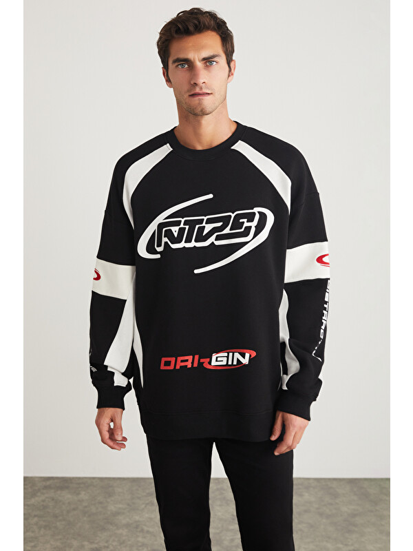 GRIMELANGE Breez Erkek Organik Pamuklu Oversize Parçalı Spor Baskı Detaylı Bisiklet Yaka SİYAH Sweatshirt