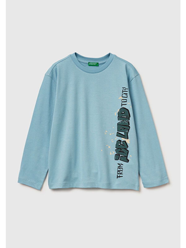 United Colors Of Benetton Erkek Çocuk Açık Mavi Baskılı Jarse Bisiklet Yaka Uzun Kollu T-shirt