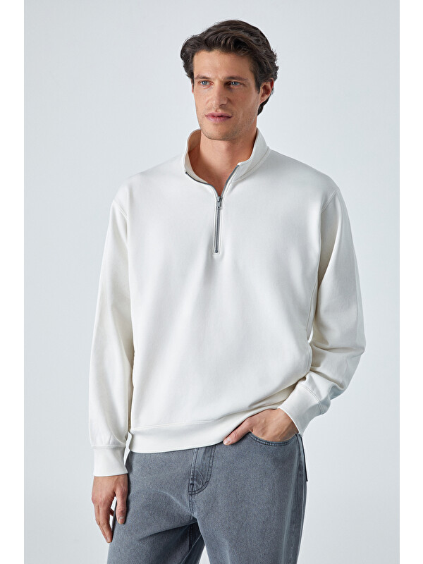 GRIMELANGE NESTOR Erkek Relaxed Fit Dik Yakalı Yarım Fermuarlı Uzun Kollu EKRU Sweatshirt