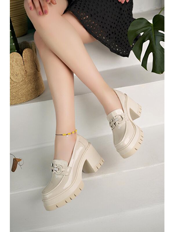 VALENCİA Kadın Kalın Topuklu Yuvarlak Burunlu Metal Tokalı Loafer Günlük Ayakkabı - Görsel 5