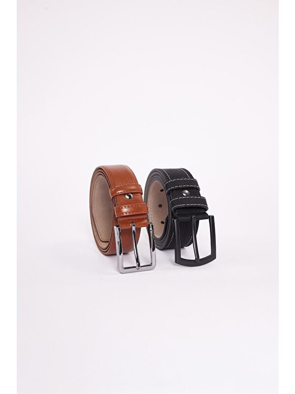 TUDORS Erkek 2'Li Set 3,5 Cm Kahverengi Vegan Deri 4 Cm Spor Siyah Kemer