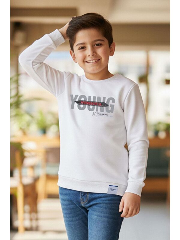 Breeze Erkek Çocuk Sweatshirt Yazı Baskılı Beyaz (8-14 Yaş)