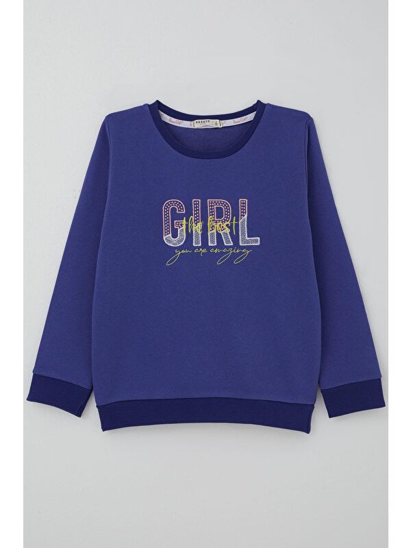 Breeze Kız Çocuk Sweatshirt Yazı Nakış Baskılı Morcivert (5-10 Yaş)