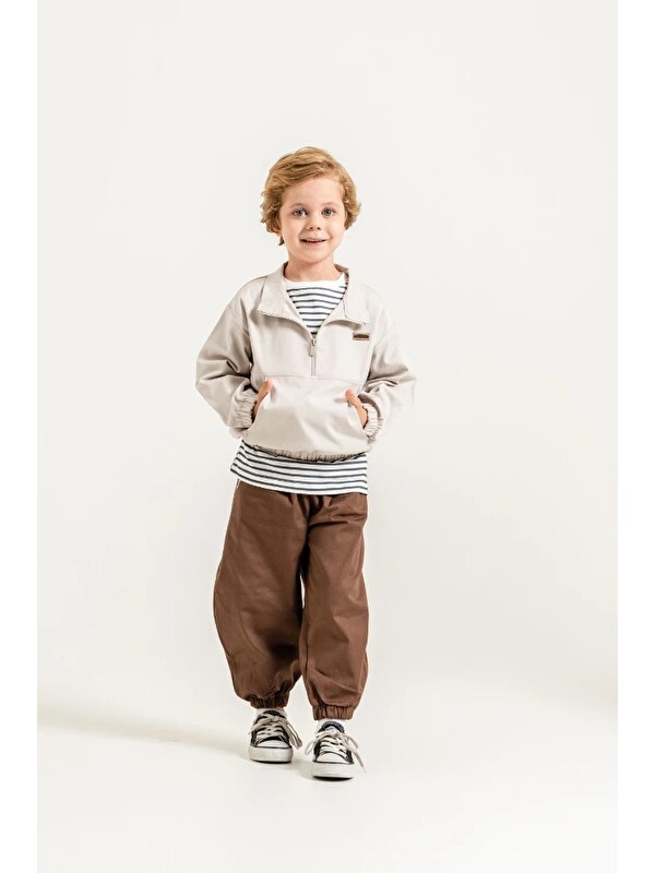 Jikko Baby Erkek Çocuk Yarım Fermuarlı Sweatshirt, Çizgili Tişört ve Jogger Pantolon 3’lü Takım 9112