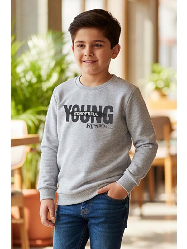 Breeze Erkek Çocuk Sweatshirt Yazı Baskılı Açık Gri Melanj (8-14 Yaş)