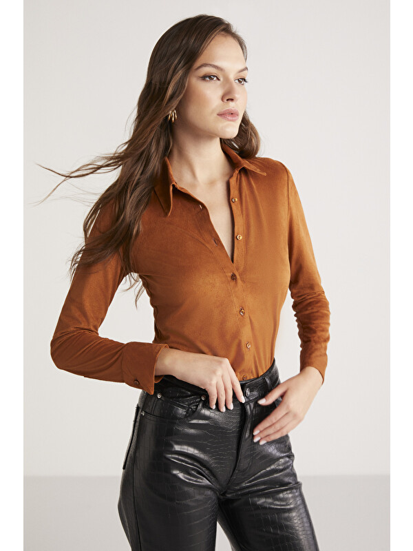 ETHIQUET PEYTON Kadın Slim Fit Dar Kesim Suni Süet Klasik Örme TABA Gömlek
