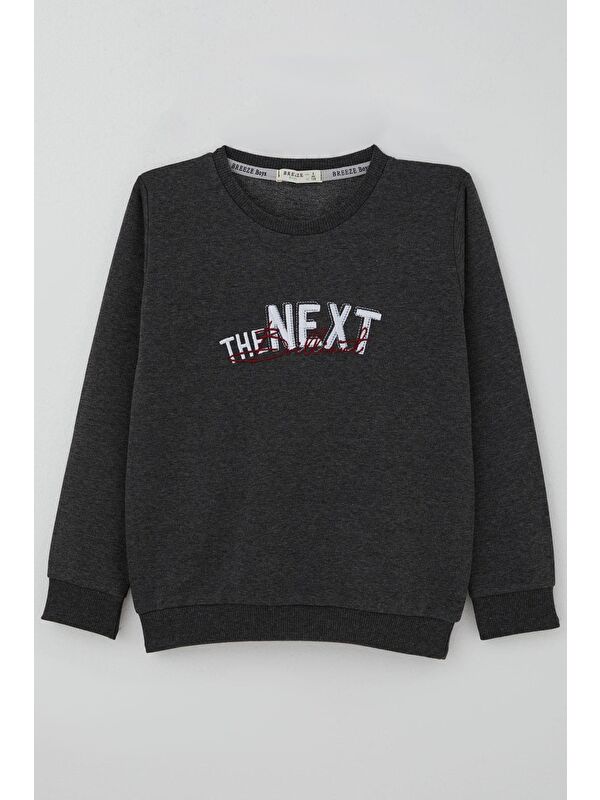 Breeze Erkek Çocuk Sweatshirt Yazı Nakış Baskılı Koyu Gri Melanj (5-10 Yaş)