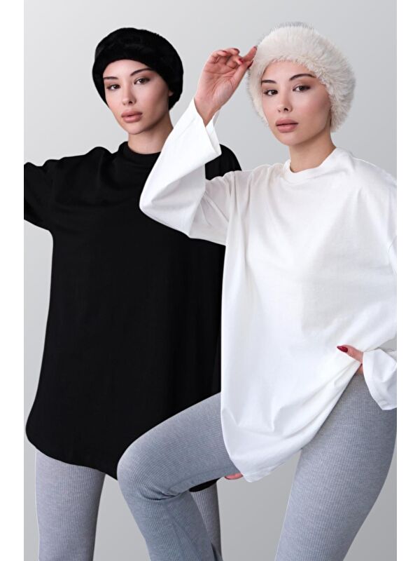 C&City Geniş Kol Oversize 2'Li Paket T-Shirt 964 Siyah/Ekru