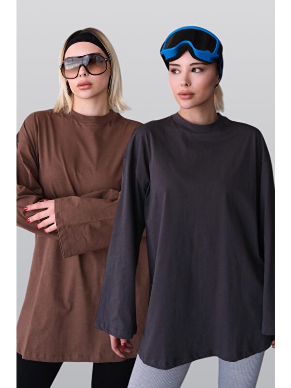 C&City Geniş Kol Oversize 2'Li Paket T-Shirt 964 Füme/Kahverengi