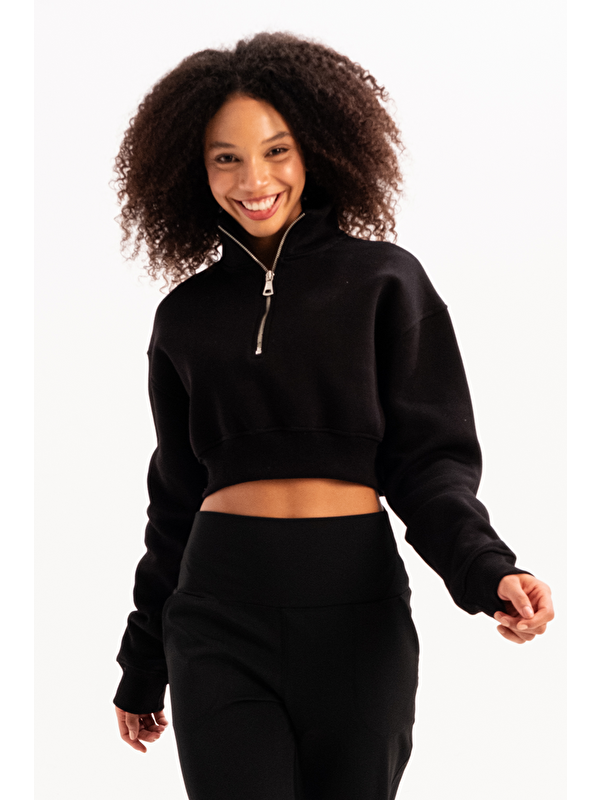 C&City Crop Dik Yaka Yarı Fermuarlı Şardonlu Kadın Sweatshirt Vibe Siyah