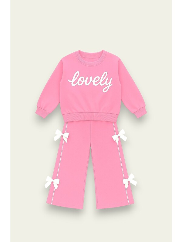 My Kids Wear Kız Çocuk Lovely Yazılı Fiyonk Detaylı Okul Eşofman Takımı 2-10 Yaş 12067