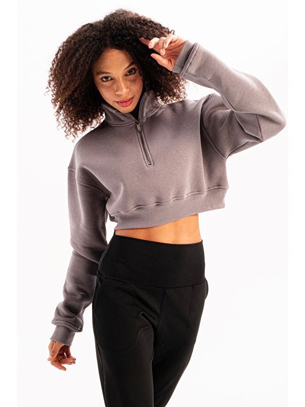 C&City Crop Dik Yaka Yarı Fermuarlı Şardonlu Kadın Sweatshirt Vibe Gri