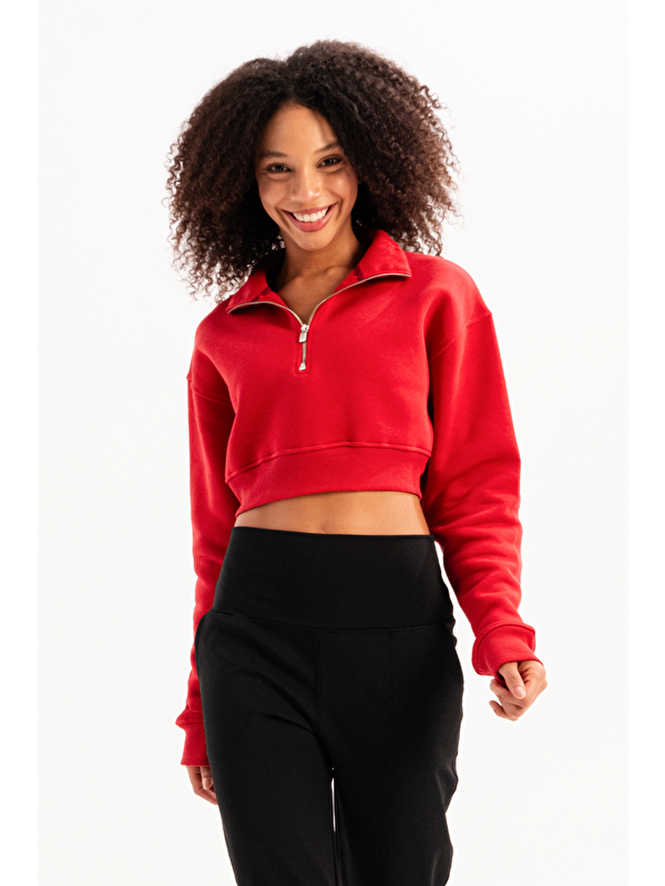 C&City Crop Dik Yaka Yarı Fermuarlı Şardonlu Kadın Sweatshirt Vibe Kırmızı
