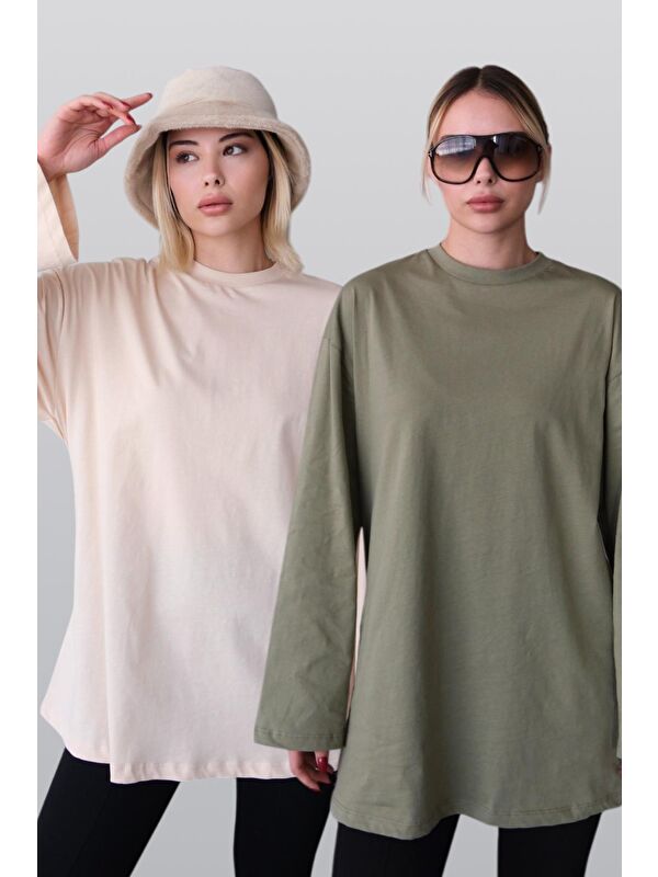 C&City Geniş Kol Oversize 2'Li Paket T-Shirt 964 Haki/Bej
