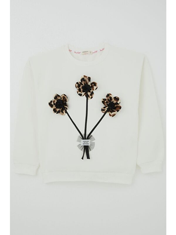 Breeze Kız Çocuk Sweatshirt Çiçek Buketi Yazı Armalı Tüllü Ekru (9-14 Yaş)