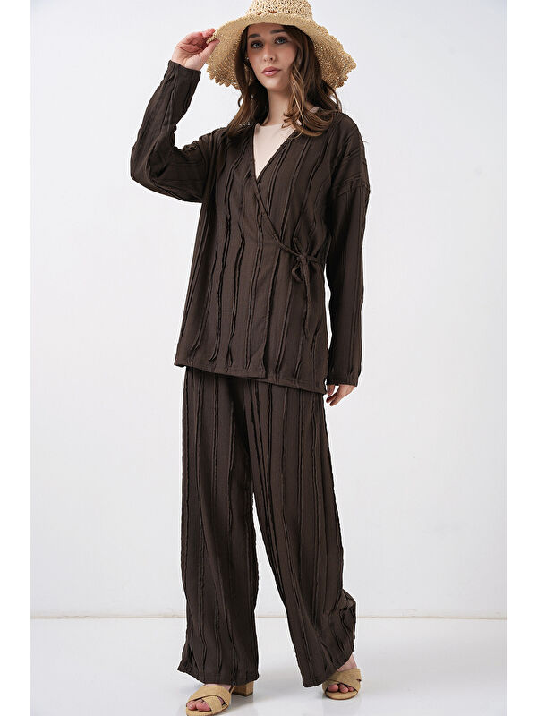 Bigdart Kadın Örme Kimono Pantolon İkili Takım 30067 - Kahverengi