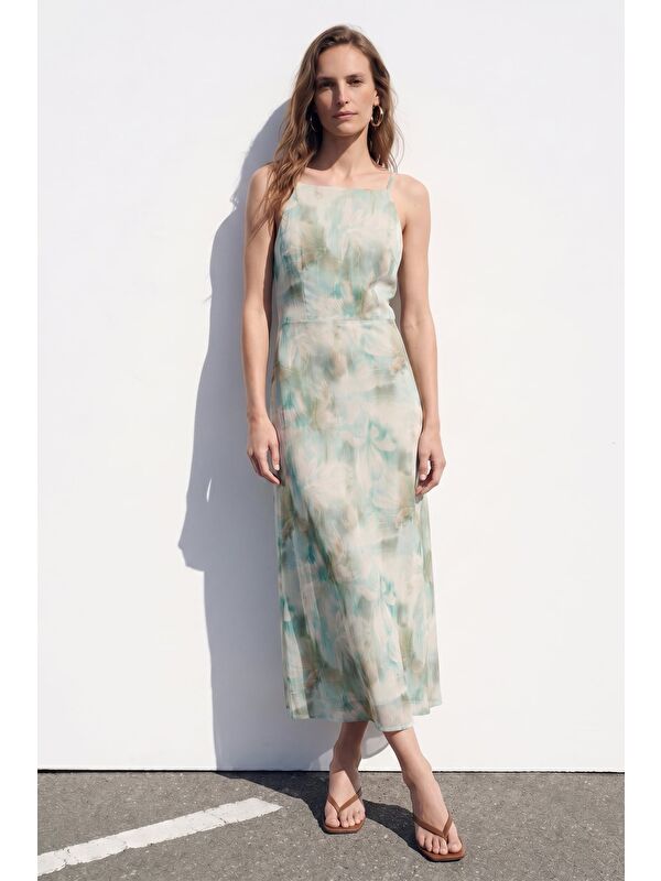 SATEEN Çiçek Desenli Askılı Uzun Elbise - Mint