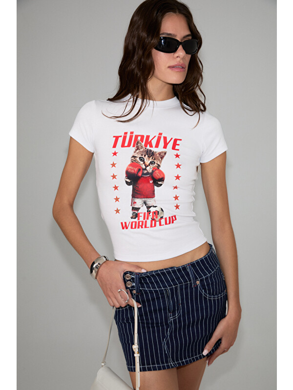 GRIMELANGE YULA Kadın Yumuşak Ve Esnek Kumaşlı Organik Pamuklu Dünya Kupasına Özel Baskılı BEYAZ T-Shirt