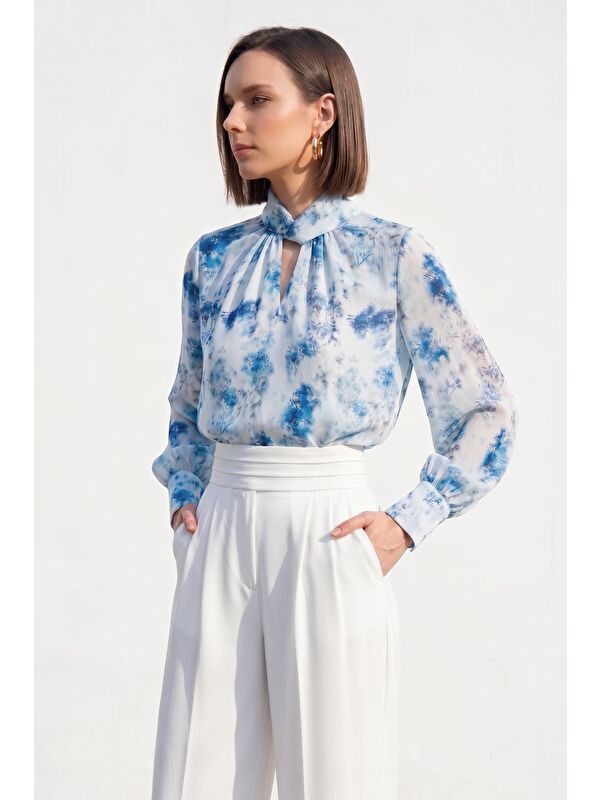 SATEEN Çiçek Desenli Bluz - Mavi