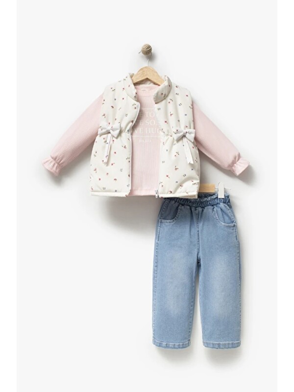 Jikko Baby Kız Çocuk Çiçek Desenli Fiyonk Detaylı Şişme Yelekli Bluz ve Bol Paça Jean Pantolon 3’lü Takım 9109