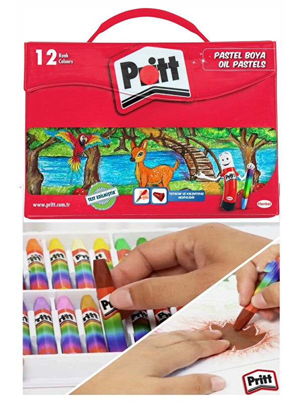 Artlantis Pastel Boya 12 Renk Plastik Çantalı 1 Adet Tutucu Hediyeli Pritt Pastel Boya 12 li Çantalı Canlı Ren