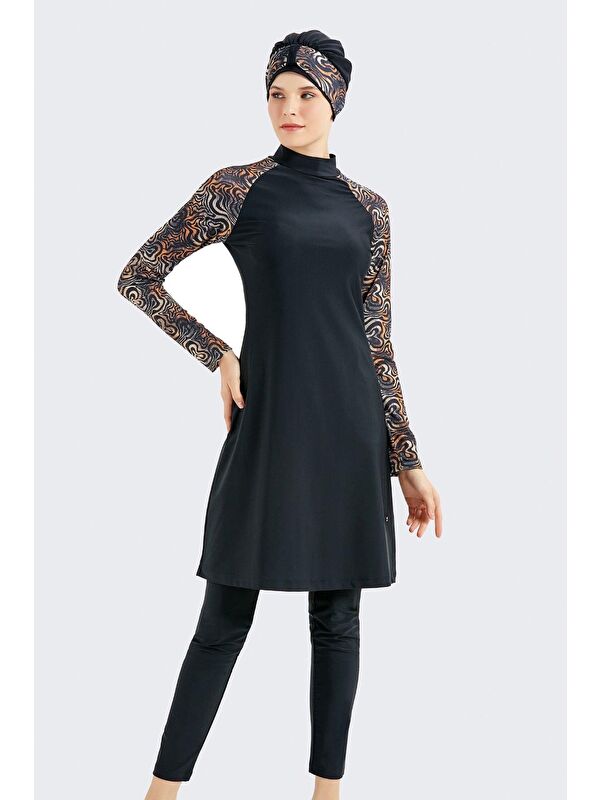 C&City Tam Kapalı 4 Lü Tesettür Mayo C14020 Siyah/Leopar