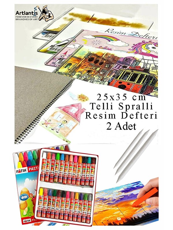 Artlantis 24 Renk Fatih Pastel Boya 25x35 cm Telli Spralli Resim Defteri Pastel Dağıtma Kalemi 15 Yaprak Resim