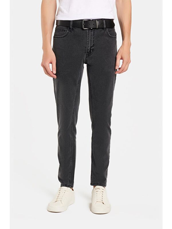 TUDORS Erkek Regular Fit Yıkamalı Taşlamalı Esnek Jean  Düz Paça Tapered Gri Jean Pantolon