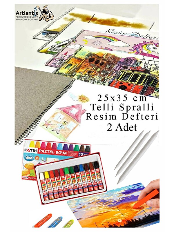 Artlantis 12 Renk Fatih Pastel Boya 25x35 cm Telli Spralli Resim Defteri Pastel Dağıtma Kalemi 15 Yaprak Resim