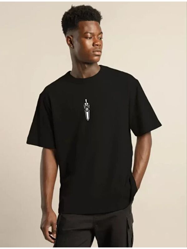 Jane's Unisex Bisiklet Yaka Baskılı Oversize T-Shirt - Siyah