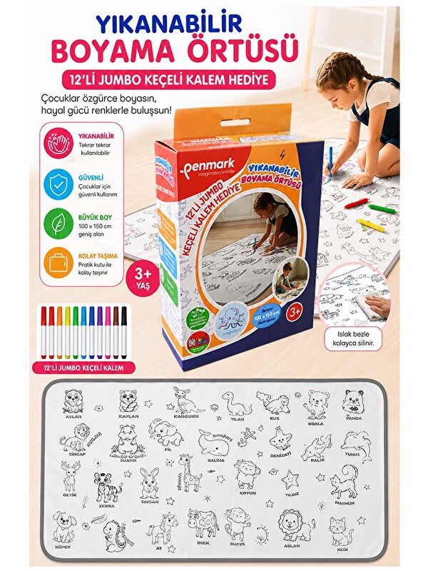 artmaster Boyama Örtüsü Yıkanabilir Hayvan Modeli 100x15 cm 1 Paket 12 Renk Jumbo Keçeli Kalem Penmark Sevinli