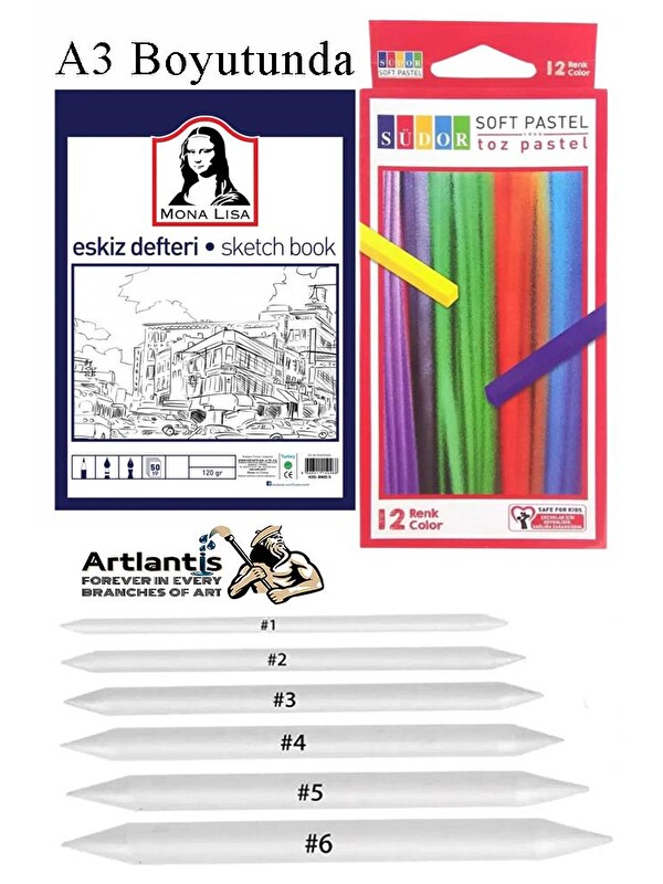 Artlantis Toz Pastel Boya 12 Renk A3 Monalisa Eskiz Defteri Pastel Dağıtma Kalemi 1 Paket Toz Soft Pastel Boya
