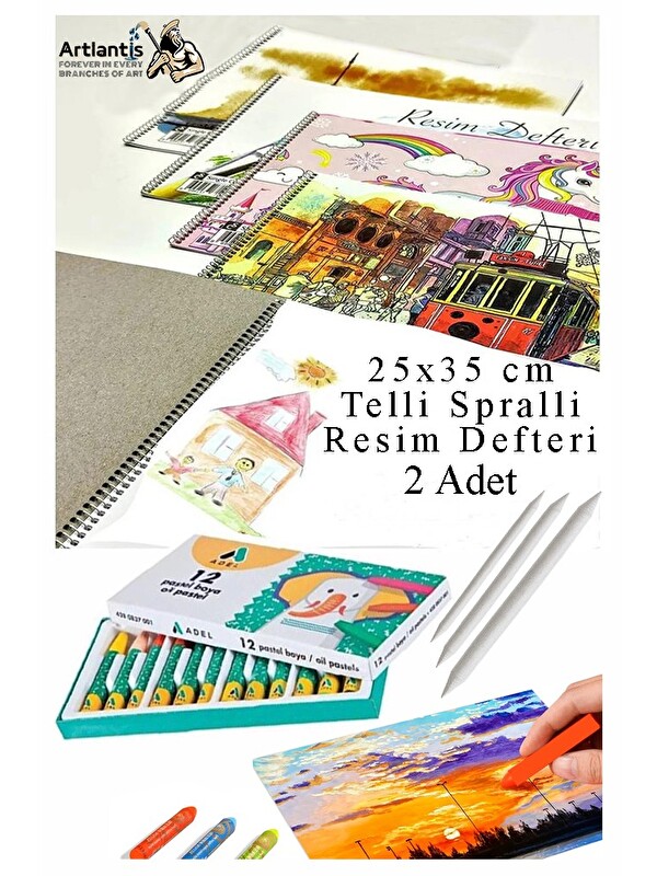 Artlantis 12 Renk Adel Pastel Boya 25x35 cm Telli Spralli Resim Defteri Pastel Dağıtma Kalemi 15 Yaprak Resim