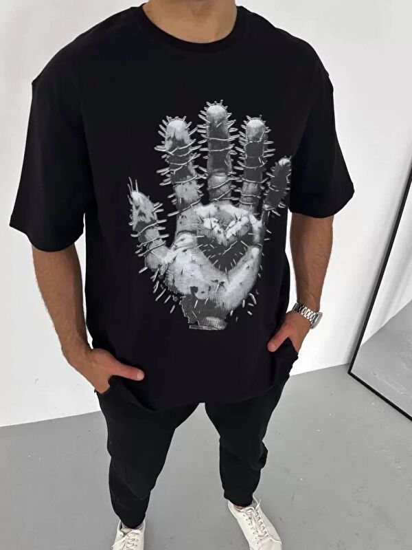 Jane's Unisex Bisiklet Yaka Baskılı Oversize T-Shirt - Siyah