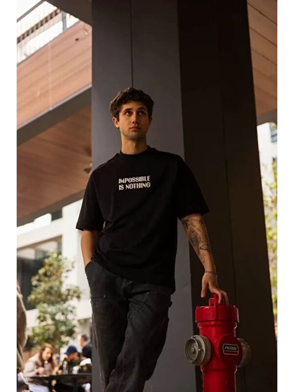 Jane's Unisex Bisiklet Yaka Baskılı Oversize T-Shirt - Siyah