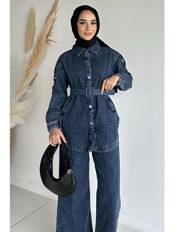 Julude Kemerli Jean Jean Ceket Pantolon Tesettür İkili Takım