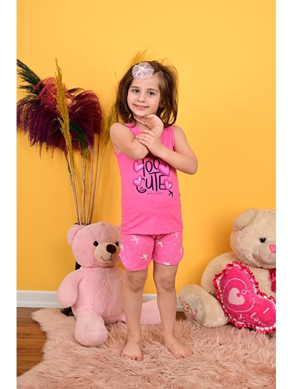 Vitmo Kız Çocuk Askılı Pijama Takımı Too Cute Koyu Pembe