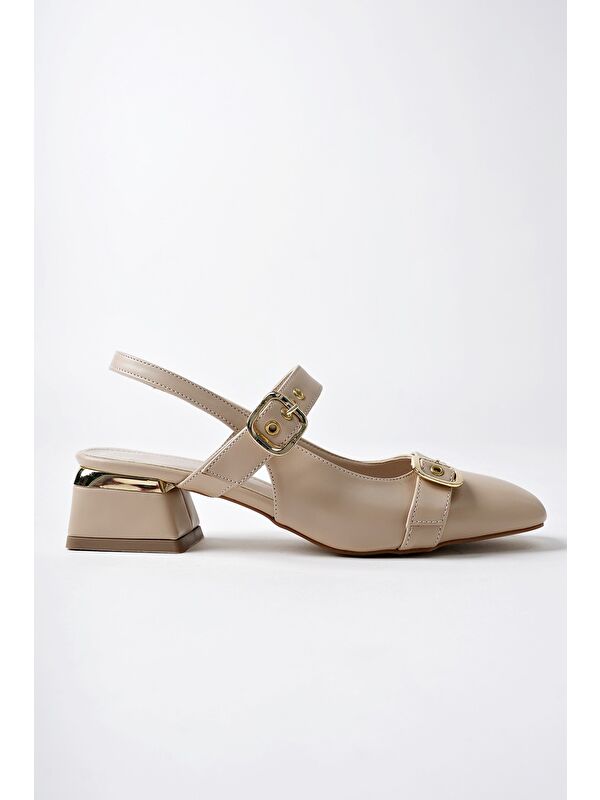 YUQİ Arkası Açık Küt Burun Çift Kemerli Kadın Günlük Klasik Kısa Topuklu Ayakkabı - Görsel 4