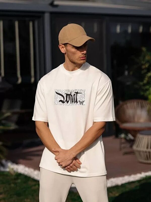 Jane's Unisex Bisiklet Yaka Baskılı Oversize T-Shirt - Beyaz