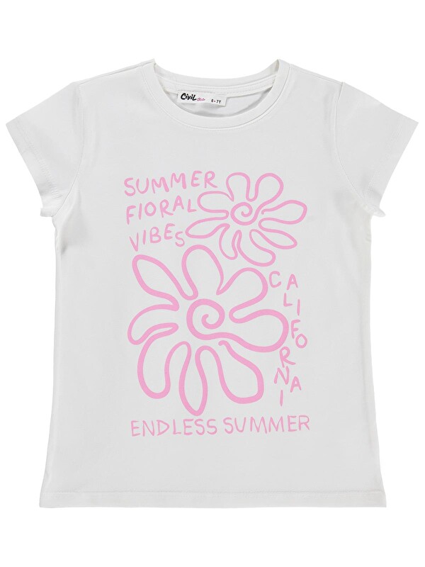 Civil Girls Summer Fıoral Vibes Baskılı 6-9 Yaş Tişört - Kırık Beyaz