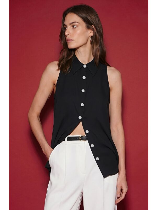SATEEN Halter Yaka Gömlek - Siyah